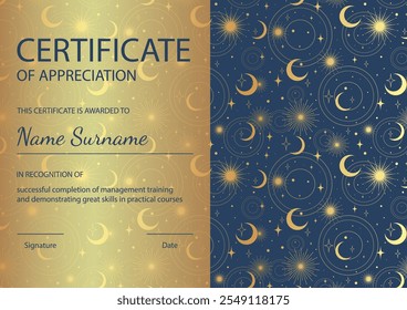 Modern elegant colorful certificate golden template. Certificate template with aesthetic mystic pattern