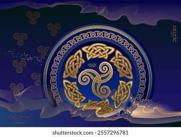 Modern elegant cover design with Celtic triple triskele spiral ornament. Luxury fashionable background with golden Celtic knot pattern. Ancient Nordic decoration. Vector template for your project.