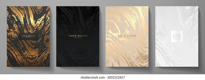 Modern elegant cover design set. Luxury fashionable background with abstract marble pattern in gold, black, silver color. Elite premium vector template for menu, brochure, flyer layout, presentation