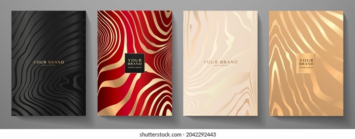 Modern elegant cover design set. Luxury fashionable background with gold line pattern in black, red, gold color. Elite premium vector template for menu, brochure, flyer layout, presentation