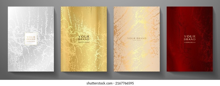 Modern elegant cover design set. Luxury fashionable background with abstract digital marble pattern in silver, gold, maroon (dark red) color. Elite premium vector template for menu, brochure, flyer