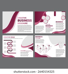 Modern and elegant  creative business brochure template featuring a stylish maroon and white color scheme with flowing abstract shapes and circle elements. The layout is clean and professional, ideal 