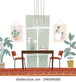 Modern elegant dining room interior with table and chairs, paintings, french window, big indoor plants. Vector illustration flat boho style.