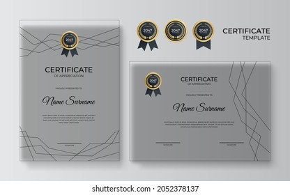 Modern elegant diploma certificate template. Clean modern certificate with gold badge. Certificate border template with luxury and modern line pattern. Diploma vector template