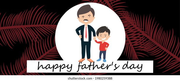 diseño vectorial moderno y elegante del día del padre, con concepto de planta tropical de color rojo, fondo de hoja tropical, texto del día del padre feliz, ilustración del padre y del hijo. Diseño de carteles y afiches