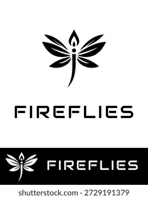 Un moderno y elegante logotipo de luciérnaga con alas simétricas y un cuerpo minimalista en blanco y negro