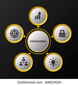 Modern elegant five options infographic. Vector illustration template with icons. 5 steps for workflow, data, business, statistic on black background