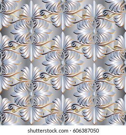 Modern elegant floral light vector seamless pattern background wallpaper illustration with vintage decorative 3d ornaments and white flowers, Stylish surface 3d white flowers with shadow and highlight