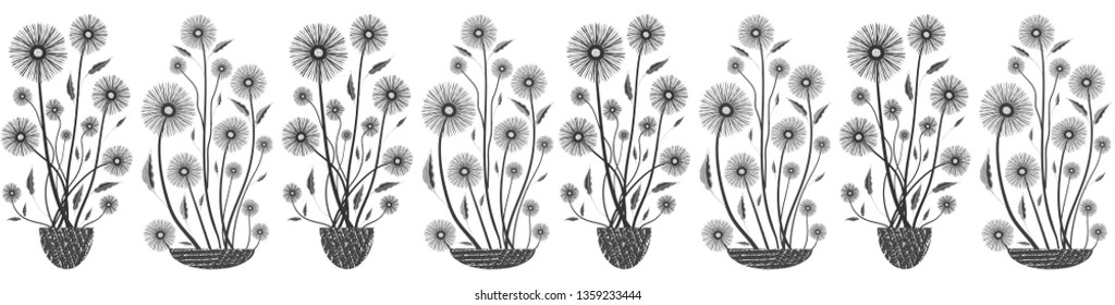 Modern elegant floral seamless vector border in black and white on white background. Hand drawn flowers and textured vases. Great for fabric borders, stationery, packaging, garden, beauty spa products