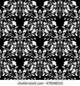 Modern Elegant floral vector seamless pattern wallpaper illustration with vintage stylish decorative  white flowers and ornaments on the black background in Victorian style.. Luxury endless texture.