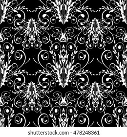 Modern Elegant floral vector seamless pattern wallpaper illustration with vintage stylish decorative  white flowers and ornaments on the black background in Victorian style.. Luxury endless texture.