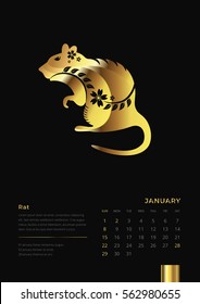 Modern Elegant Gold Animals of the Chinese Zodiac 2017 Monthly Calendar Rat Illustration, January
