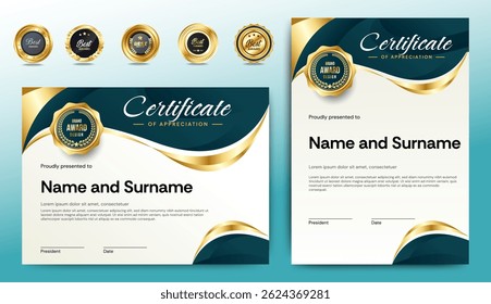Modern elegant gold certificate template with badges. Horizontal certificate For award, business, and education needs. Diploma vector template. Vector