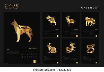 Modern Elegant Gold Chinese Zodiac Animals 2018 Calendar Illustration 