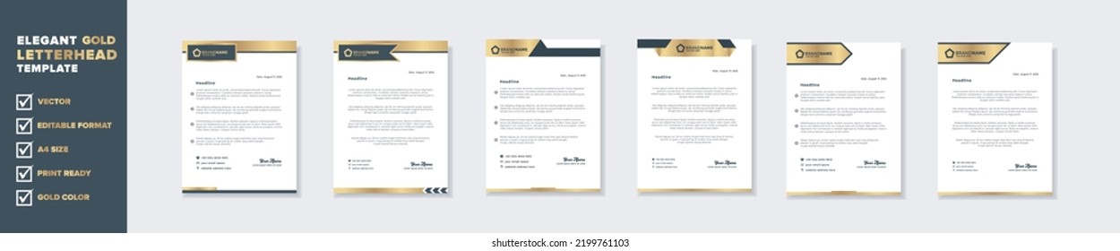Modern and elegant gold luxury letterhead design template for corporate stationery design with editable format eps10