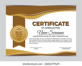 Moderna Plantilla de certificado de oro elegante. Apreciación por los negocios y la educación. Ilustración vectorial.