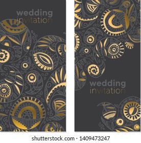 Modern elegant gray and gold paisley pattern for card, wedding invitation, header, cover. Hand drawn minimal luxury motif for decor. vector illustration. 