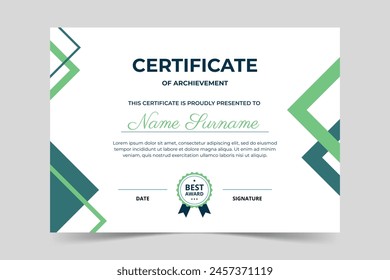 Modern elegant green certificate template with geometric shape. Appreciation for business and education. Vector illustration