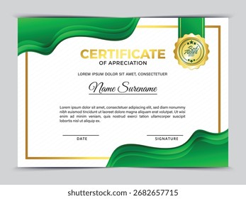 Modern elegant green gradient certificate design template. Appreciation for business and education. Vector illustration.