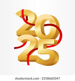 A modern and elegant Happy New Year 2025 design with bold gold numbers wrapped in a thick red ribbon. This design is perfect for creating invitations, greeting cards, social media, and 2025 calendars.