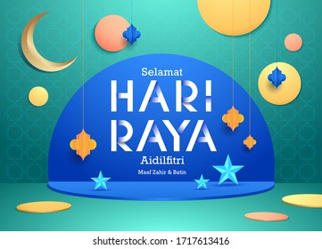 Modern And Elegant Hari Raya Greeting With Lanterns, Moon And Stars. The Malay Words Means 'happy Hari Raya', 'may You Forgive Us'. Vector Format.