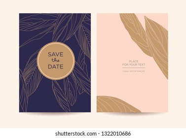 Modern elegant invitation. Golden graphic flowers on a dark blue background. Vector template for design of wedding invitations, restaurant menu or spa.