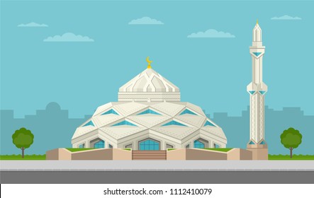 Modern elegant Islamic mosque building in Astana. Kazakhstan, Central Asia. Flat vector illustration template.