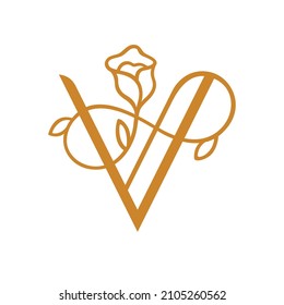 Modern and elegant letter V design attached with flowers and leaves. Design idea for clothing and beauty products logo. 