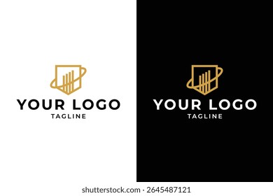 Um modelo de design de logotipo moderno e elegante com um escudo que inclui barras, adequado para negócios financeiros, bancários ou de segurança. 