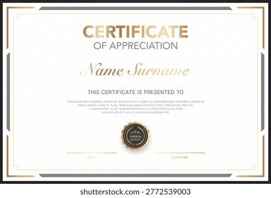 Modern elegant luxury certificate of appreciation template design with black and gold border, premium seal. Blank diploma vector for award, graduation, achievement recognition, or completion.