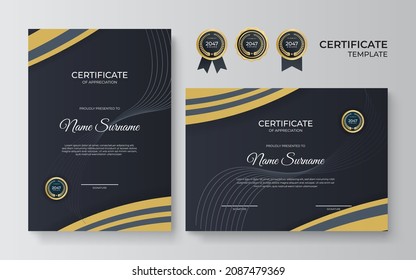 Modern elegant luxury gold and black diploma certificate template. Certificate of achievement template with gold badge, border, and luxury pattern for business and corporate. Premium design vector.