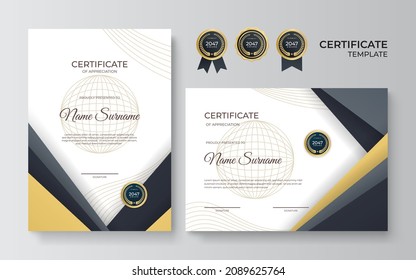 Modern elegant luxury gold and black diploma certificate template. Certificate of achievement template with gold badge, border, and luxury pattern for business and corporate. Premium design vector.