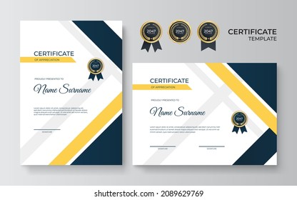 Modern elegant luxury gold and blue diploma certificate template. Certificate of achievement template with gold badge, border, and luxury pattern for business and corporate. Premium design vector.