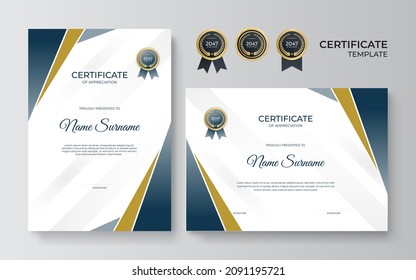 Modern elegant luxury gold and blue diploma certificate template. Certificate of achievement template with gold badge, border, and luxury pattern for business and corporate. Premium design vector