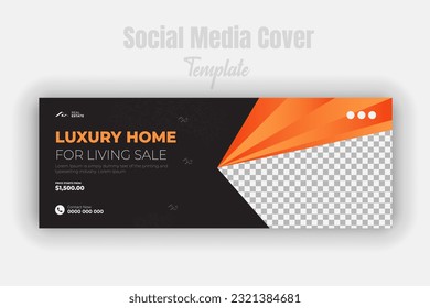 Modern, elegant or luxury real estate home social media cover page design template property sale post promotion web banner discount with abstract orange color shape and black background