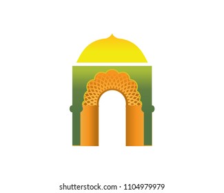 Modern Elegant Mosque Door Building With Gold Dome Logo In Isolated White Background