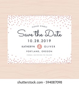 Modern And Elegant Pink Rose Confetti Wedding Save The Date Invitation Card Template. Vector Illustration.