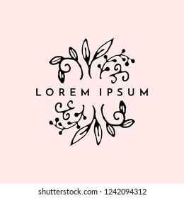 Modern and elegant premade typographic logo design for florists, cosmetics, weddings and home decor. Hand drawn nature inspired vector illustration in black isolated on pastel pink background.