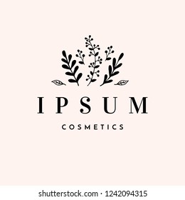 Modern and elegant premade typographic logo design for florists, cosmetics, weddings and home decor. Hand drawn nature inspired vector illustration in black isolated on pastel pink background.