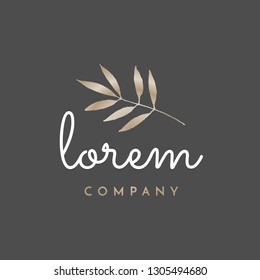 Modern and elegant premade typographic logo design for florists, cosmetics, weddings and home decor. Hand drawn luxury vector illustration in white and gold isolated on gray background.