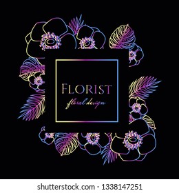 Modern and elegant premade typographic logo design for florists, weddings and home decor. Luxury vector illustration with anemones, monsteras and palm leaf isolated on black background.  