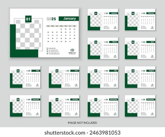 Modern Elegant Professional Desk Calendar, Office Calendar 2025, New Year Business, calendar Week Starts on Sunday, template design for annual calendar.