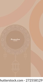 Moderno y elegante fondo de Ramadán con paleta de melocotón beige neutro Mandala Circle Geometría e ilustración de linterna para póster digital y fondo de marketing