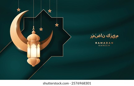 Modern elegant ramadan greetings with crescent month and lantern.Translation: Ramadan Kareem.