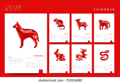 Modern Elegant Red Chinese Zodiac Animals 2018 Calendar Illustration 