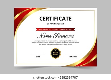 Modern elegant red and gold certificate template. Appreciation for business and education. Vector illustration