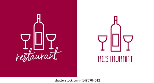 Modern elegant restaurant logos. White and violet red vector isolated signs. Text with wine bottle and glasses