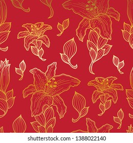 Modern Elegant seamless pattern of Tiger Lily in Gold outlined and red background. Hand drawn design.
