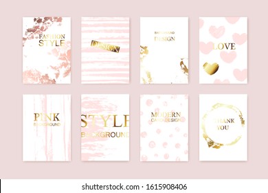 Modern elegant style background, card, invitation design with pink texture and golden gradient.  Romantic, love and chic fashion collection.