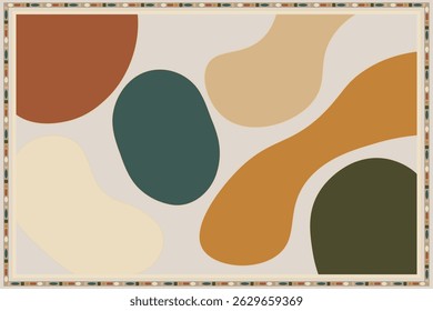 Modern and elegant, this abstract rug design features fluid organic shapes in rich earthy tones against a cool beige background. A subtle tribal-style border frames the composition